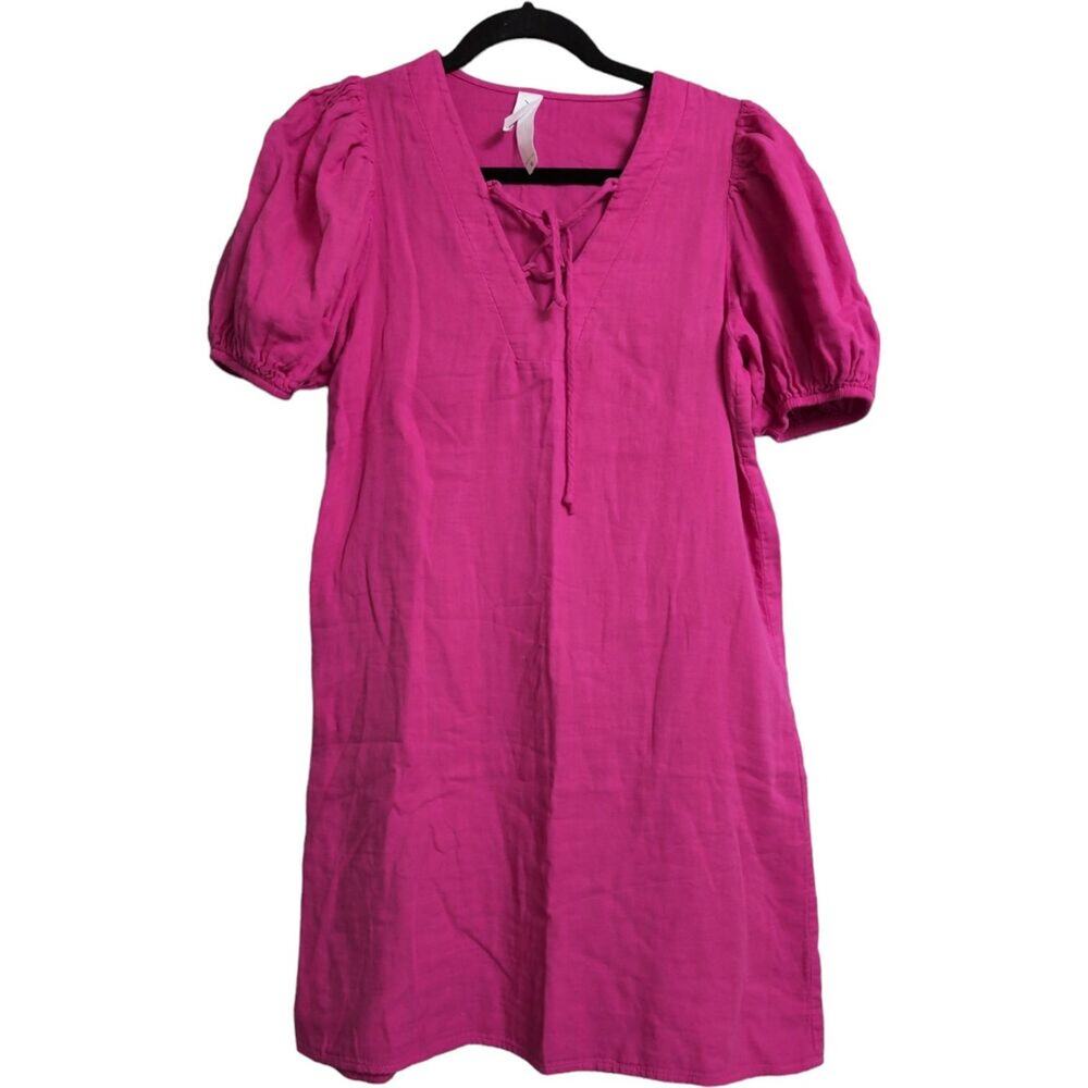 AMADI Anthro Pink Puff Short Sleeve V Neck Lace Up Front Casual Dress Sheath XS
